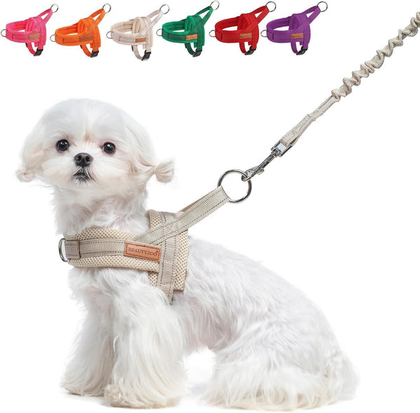 BEAUTYZOO Dog Harness No Pull, Quick Fit Dog Harness and Leash Set, Escape Proof Vest Harness with Soft Handle, Reflective Breathable Mesh Padding Harness for Medium Size Dog Training Walking, Beige M11