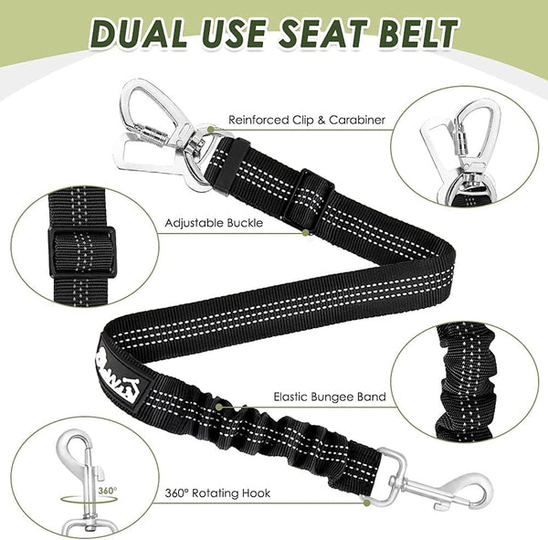 Slowton Dog Seatbelt, 2 Pack Dog Seat Belt Car Leash Adjustable Elastic Bungee Buffer Heavy Duty Nylon Reflective Pet Safety Tether Connect to Dog Harness for Travel Riding in Vehicle (Daul Clip, B)4