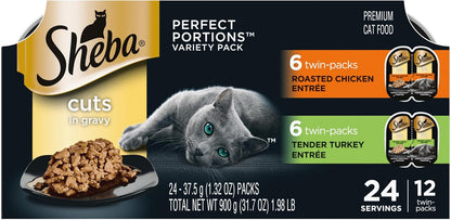 Sheba Perfect Portions Cuts Wet Cat Food, Multipack, 2.6 Oz, 24 Ct | Grain-Free, Chicken, Salmon & Turkey Flavors, Protein-Rich, No Corn or Soy, Essential Vitamins & Minerals, Twin-Pack Trays12
