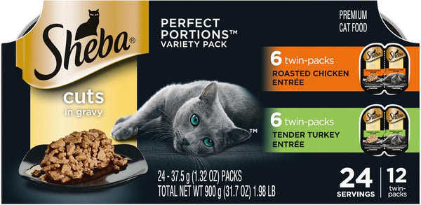 Sheba Perfect Portions Cuts Wet Cat Food, Multipack, 2.6 Oz, 24 Ct | Grain-Free, Chicken, Salmon & Turkey Flavors, Protein-Rich, No Corn or Soy, Essential Vitamins & Minerals, Twin-Pack Trays12