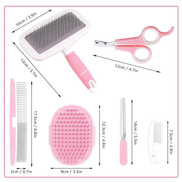 Small Animal Pet Grooming Kit with Pet Shedding Slicker Brush, Bath Massage Glove, Pet Grooming Comb, Nail Clipper Trimmer for Rabbit, Puppy, Kitten, Guinea Pig, Hamster, Ferret (Pink)2