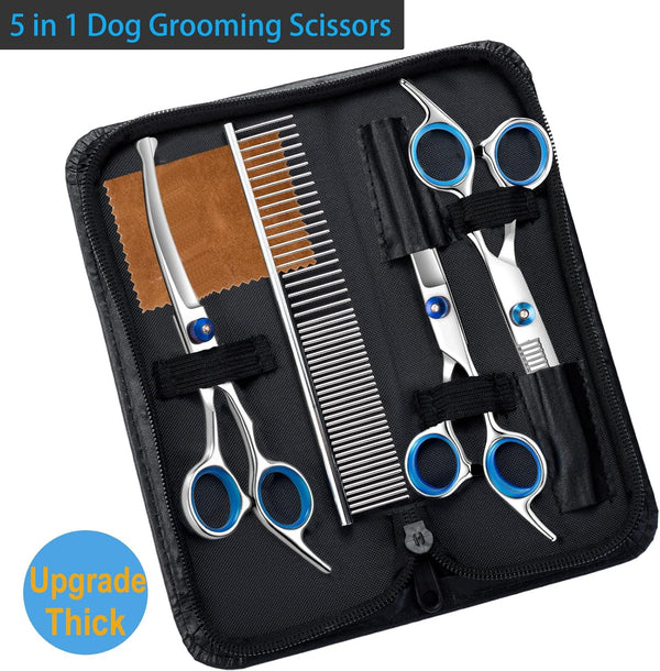5 in 1 Upgraded Thicken Dog Grooming Scissors, Professional Dog Scissors for Grooming with Safety round Tips, Lengnoyp Stainless Steel Thinning Shears, Pet Cat Shears for Grooming Kit6