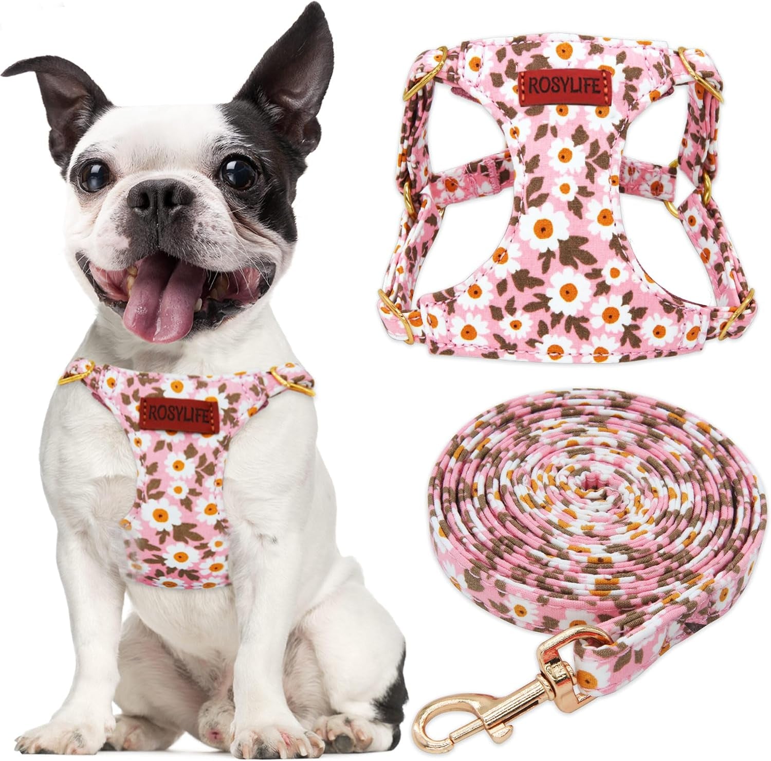 no-pull-dog-harness-leash-set-adjustable-xx-small-pink-daisy-fashionable-cute-stylish-escape-proof-includes-leash