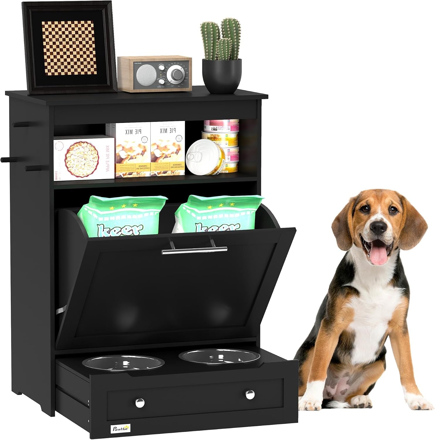 pawhut-dog-feeding-station-with-raised-bowls-pet-feeder-station-black-dog-food-storage-cabinet-hanger-for-feeding-watering-supplies