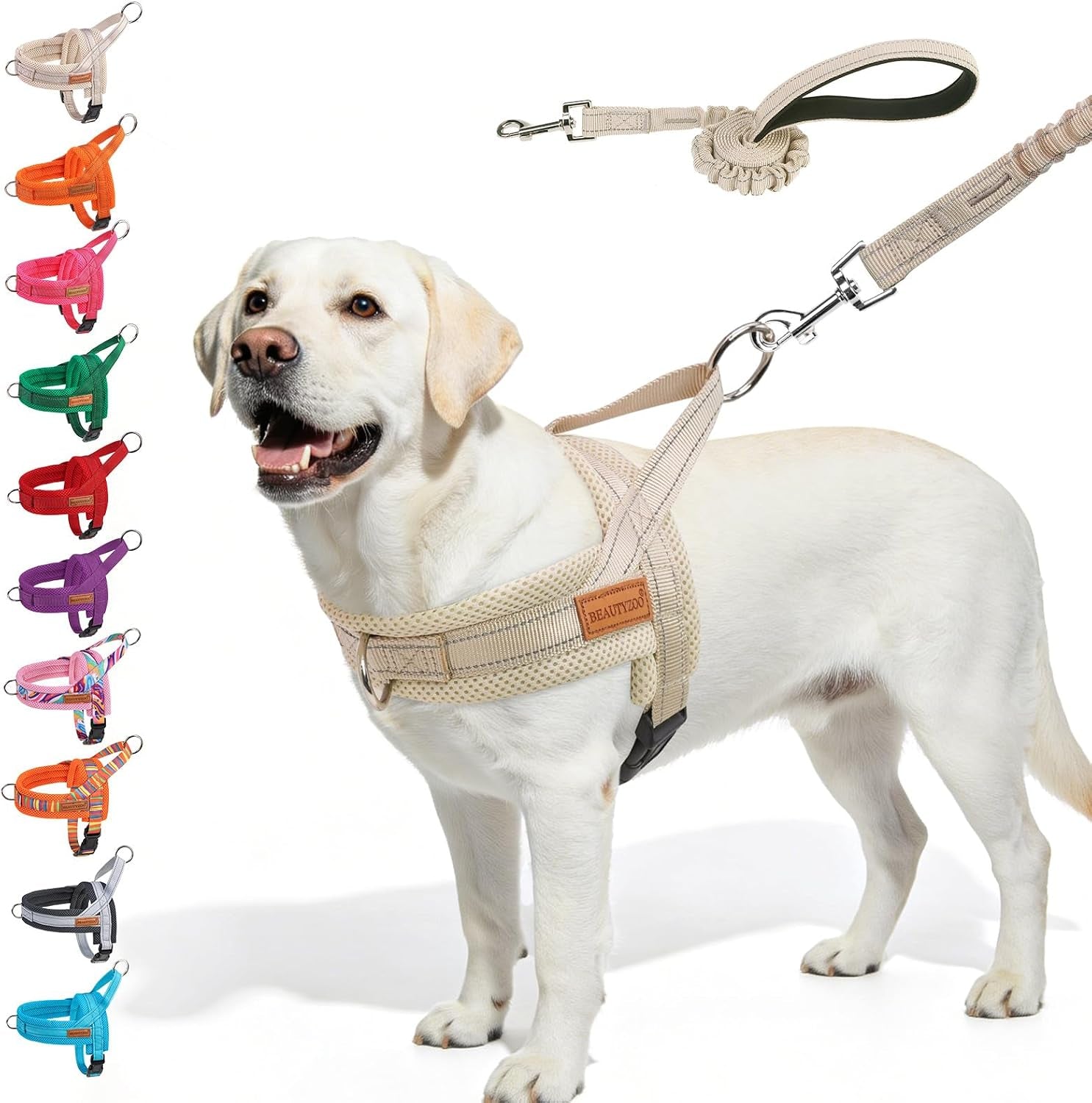 beautyzoo-dog-harness-no-pull-quick-fit-dog-harness-and-leash-set-escape-proof-vest-harness-with-soft-handle-reflective-breathable-mesh-padding-harness-for-medium-size-dog-training-walking-beige-m