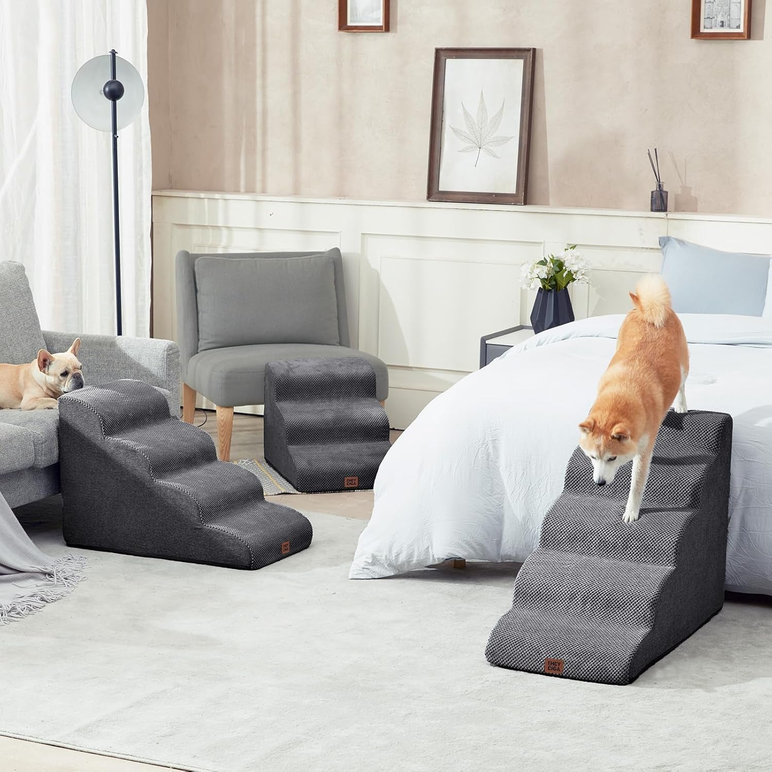 eheyciga-curved-dog-stairs-ramp-for-5-step-high-beds-22-6-h-dog-steps-33d-density-of-pure-foam-for-small-dogs-and-cats-pet-stairs-for-high-bed-climbing-non-slip-balanced-pet-step-indoor-grey