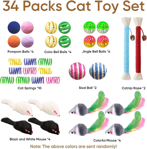 Cat Toys for Indoor Cats, 34 Pack Interactive Cat Toy Set for Kitten | Kitten Toys Variety Pack with Chew Toy, Spring, Mouse & Ball, Ideal for Enrichment, Boredom Relief and Self Play, Toy Bulk2