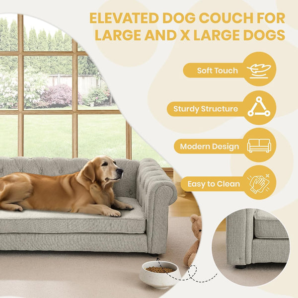 Elevated XL Large Dog Sofa with Backrest and Armrests, 55" Button Tufted Dog Couch Bed with Soft Cushion for Large Dogs, Stylish Lounging Bed Pet Couch Chair, 120Lbs Weight Capacity, Beige7