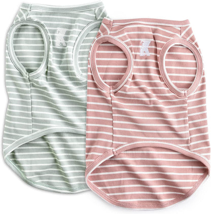 Koneseve Dog Shirt Vest Lightweight Stretchy Dog T-Shirts Soft Cool Sleeveless Stripe Vests Breathable Clothes for Puppy Kitty Cats Small Medium Large Dogs 2 Pack Pink + Green [ S/Small ]1