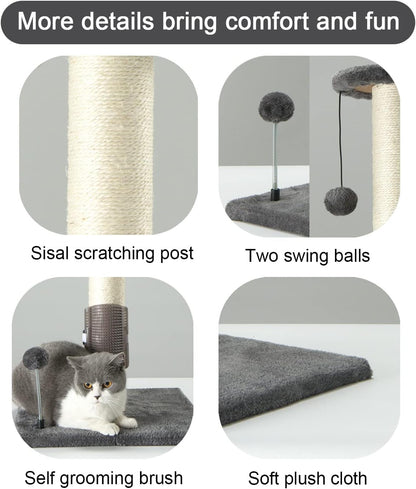 PEEKAB 32" Tall Cat Scratching Post Sisal Scratch Posts,With Hanging Ball and Self-Massage Brush Vertical Scratcher for Indoor Cats and Kittens Gray 32Inches2