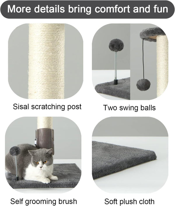 PEEKAB 32" Tall Cat Scratching Post Sisal Scratch Posts,With Hanging Ball and Self-Massage Brush Vertical Scratcher for Indoor Cats and Kittens Gray 32Inches2