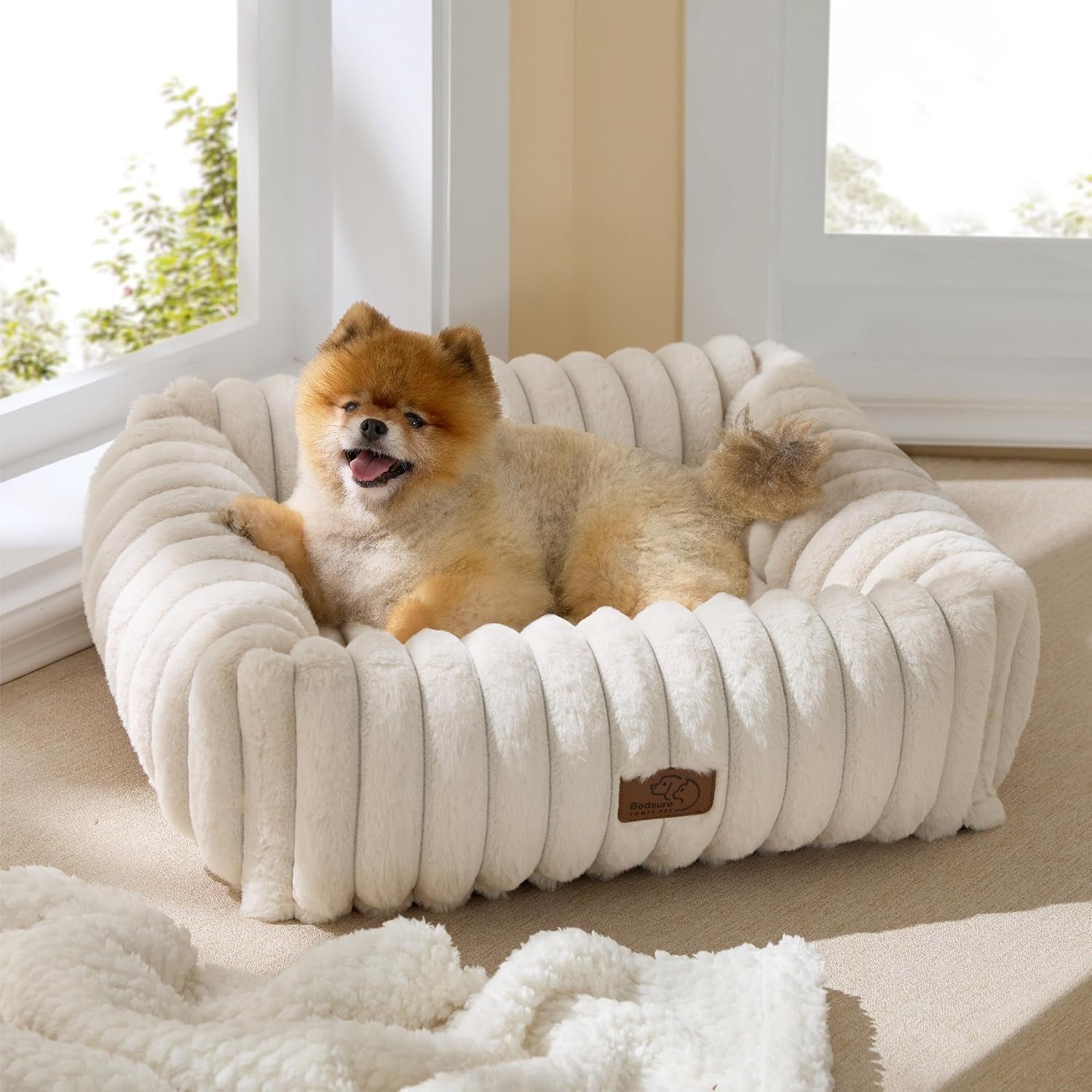 bedsure-comfyfleece™-cute-dog-bed-for-small-medium-dogs-washable-25in-cream-furry-puppy-beds-square-rectangle-orthopedic-corduroy-aesthetic-pet-beds-removable-zipper-cover-non-slip-bottom-up-to-15-lbs