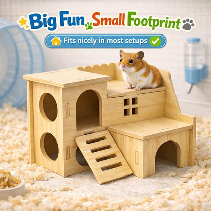 Tiny Hamster Maze Wood House Fun Slide House Double-Decker Hut for Dwarf Gerbil Mouse Mice Rat Small Animals(Only for Small Hamster)7