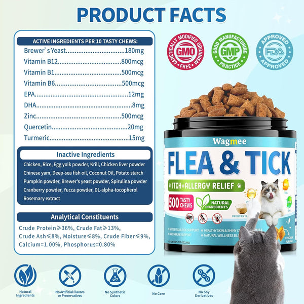 Natural Cat Flea Treatment Chewables, 500 Crunchy & Creamy Tasty Chews | Flea and Tick Prevention for Cats with Skin & Coat Support, Oral Flea & Tick Supplement & Allergy Relief for Cats, Chicken8
