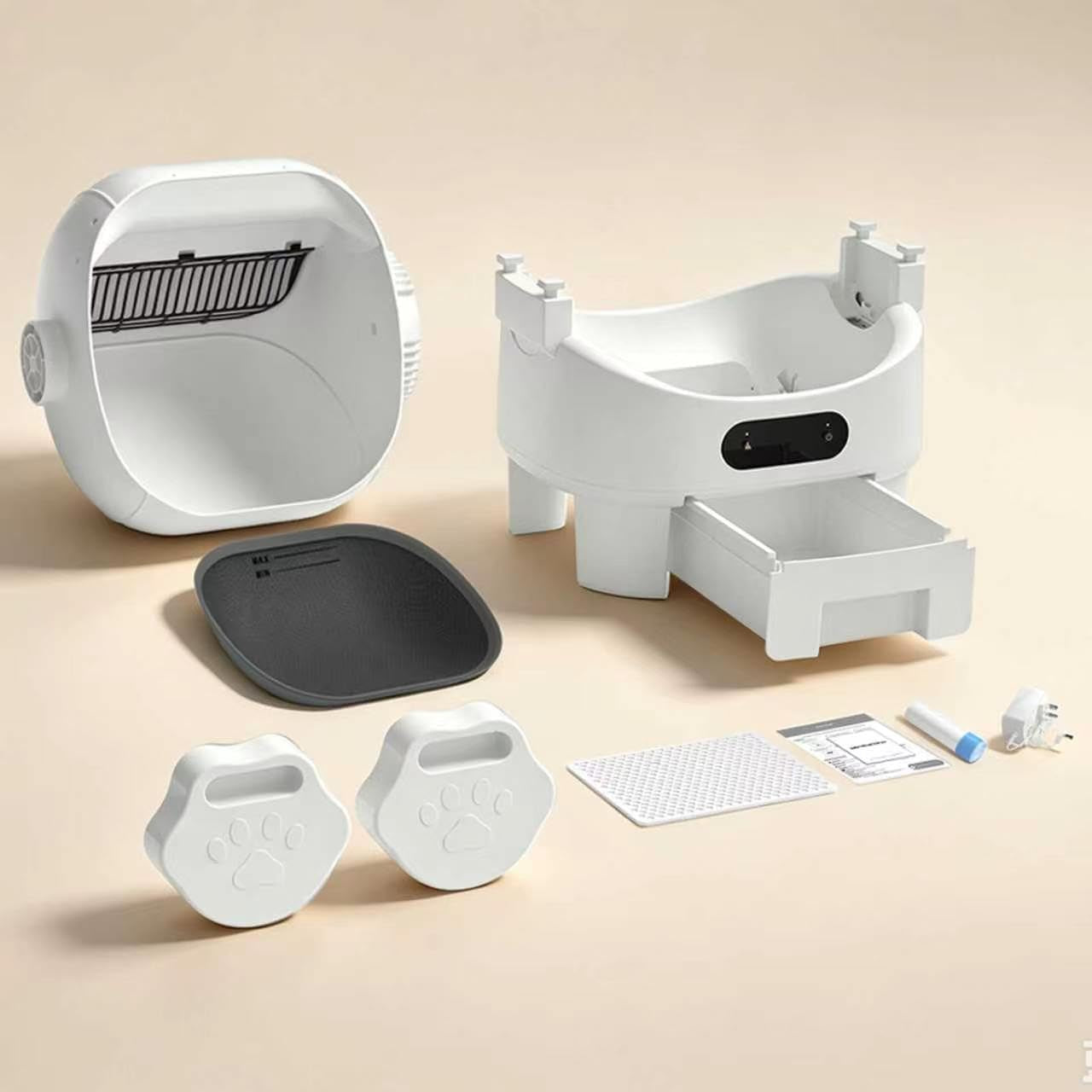 self-cleaning-cat-litter-box-ultra-quiet-anti-pinch-display-8l-waste-bin-splash-proof-design-automatic-multi-cat-friendly-detachable-step-easy-install-washable-parts-modern-style-white-garbage-bag