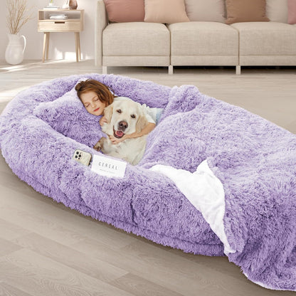 ROOMTEC Human Dog Bed, 71''X45''X12'' Size Fits Adult and Pet Washable Giant People Bed 10 CM Thick Memory Foam Large Oversize Pet Bed with Plump Pillow, Blanket, Strap - Grey10