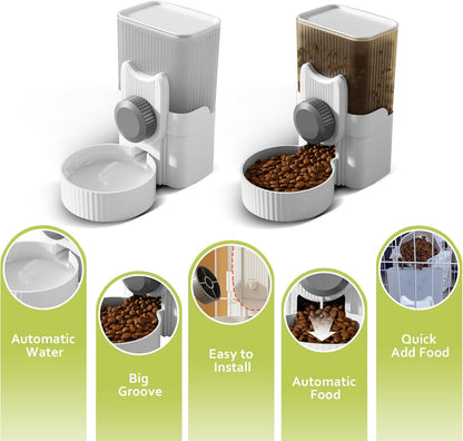 Hanging Cage Automatic Small Pet Food Bowl Water Bottle Dispenser, 1L Auto Gravity Pet Feeder and Waterer Set Kennel Feeding Station Crate Feeder Dish for Rabbit Puppy Cats Ferret (Grey)4