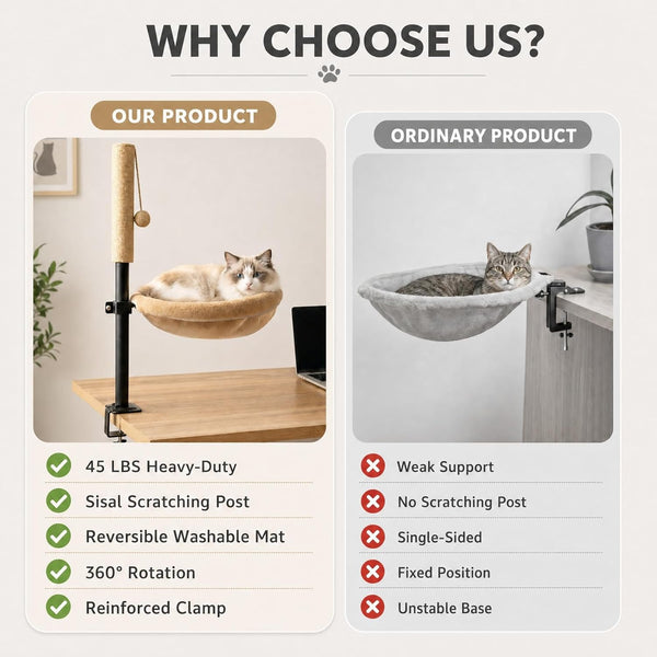 Cat Desk Bed with Scratching Post Clamp on 360 Rotating Camel | Adjustable Height, Reversible Machine Washable Cover, Alloy Steel Frame, Space Saving Perch, Supports Cats up to 45 Pounds9