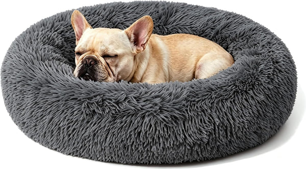 Calming Donut Dog and Cat Bed for Indoor Cats, Anti-Anxiety round Fluffy Soft Washable Small Pet Bed for Puppy and Kitten, Warming Comfortable Luxury Anti-Slip Waterproof Mute Base 20In Gray10