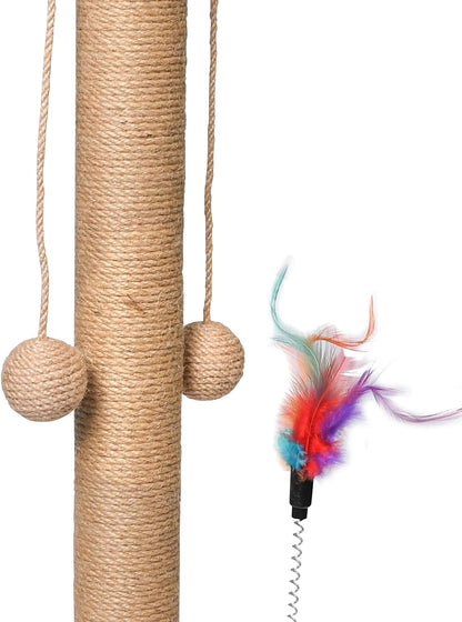 Cat Scratching Post, 50Cm Cat Scratcher Toy, Natural Woven Sisal and Wood Interactive Cat Toys with Lanyard Ball, Ball, Feather (Feather Color Is Random)6