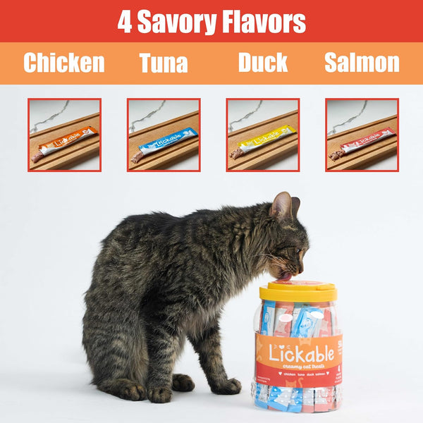 Fieldcrest Farms Lickable Cat Treats, 50 Count Variety Pack | Chicken, Tuna, Duck, Salmon, Thick & Protein-Rich Squeeze Tubes, with Taurine, Grain Free, 6 Calories per Tube10