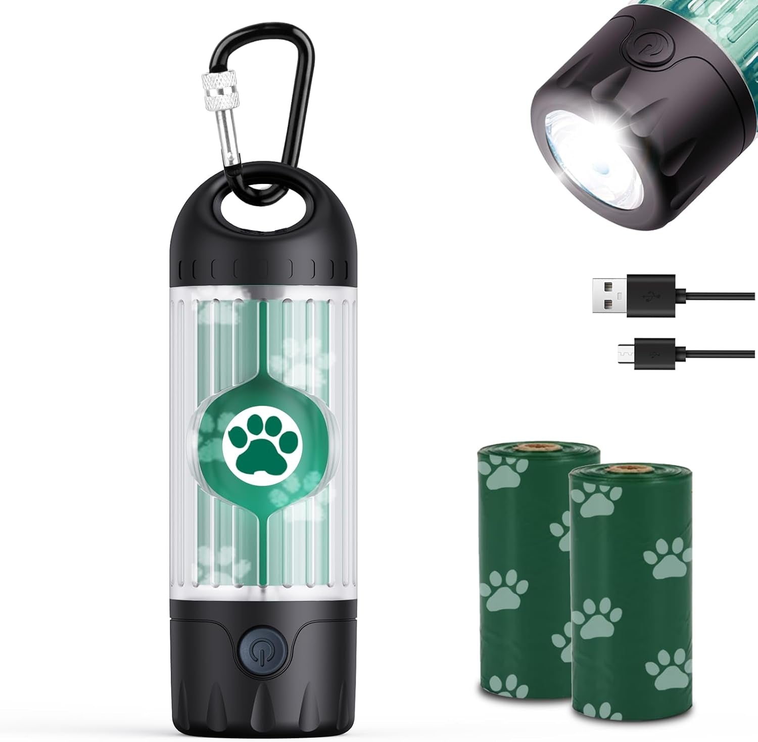 tubasion-3-in-1-dog-poop-bag-holder-with-flashlight-7-color-usb-c-rechargeable-doggie-bag-holder-for-leash-ipx6-waterproof-anti-slip-clip-pet-waste-bag-dispenser-for-walking-1-dispenser-30-bags