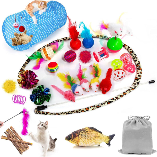 AILUKI 35PCS Cat Toys Variety Pack for Indoor Cats, Kitten Toys Set with Collapsible Cat Tunnel, Feather Wand, Plush Mice, Crinkle Balls & Interactive Cat Toys Bundle Storage Bag1