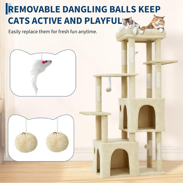 Takywep Beige 61" Heavy Duty Cat Tree for Large Indoor Cats & Maine Coon, Warm Multi-Level Cat Tower with Extra Large Perch, 2 Spacious Condos, Natural Sisal Scratching Posts & Interactive Toys7
