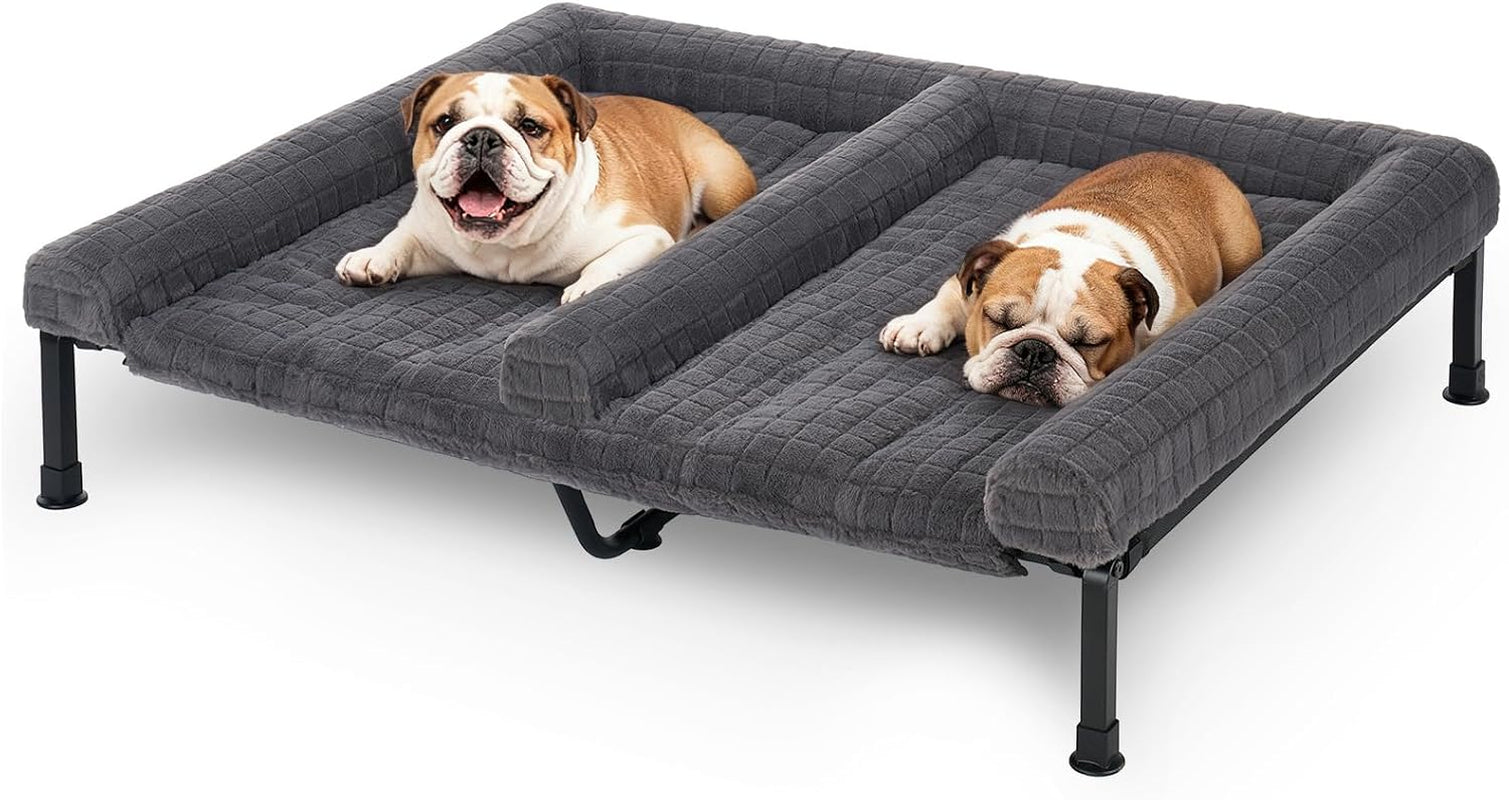 veehoo-fluffy-plush-double-dog-couch-bed-for-two-large-dogs-washable-elevated-dog-beds-with-removable-bolster-cushion-cooling-raised-pet-cot-with-breathable-mesh-no-slip-feet-59-x-37-inches-grey