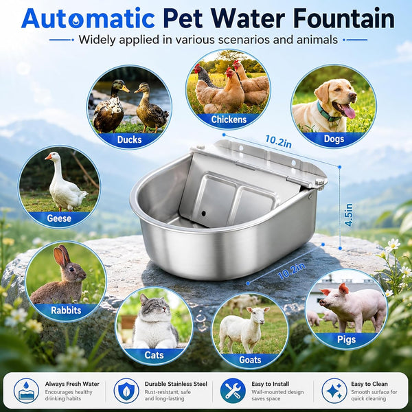 BWOGUE Automatic Water Dispenser for Dogs,1Gal Outdoor Automatic Water Bowl | Outdoor Dog Water Dispenser with Float Valve, Stainless Steel Bowl, 1/2 in & 3/4 in Faucet Fit, Wall/Ground Use,Dogs,Chickens7