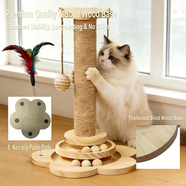 Wooden Cat Scratching Post, 4 in 1 Cat Scratcher Kitten Toys | 17.7" Tall Sisal Post for Indoor Cat with Two-Laye Wooden Ball Track, Ideal for Small Medium Cat6