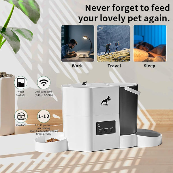 Automatic Cat Feeder 2-In-1 Cat Feeder and Gravity-Fed Water System | 3L Food Tank & 2L Water Tank for Supports 5G/2.4Ghz Dual-Band Wifi APP Remote Control | up to 10 Timed Feedings per Day3