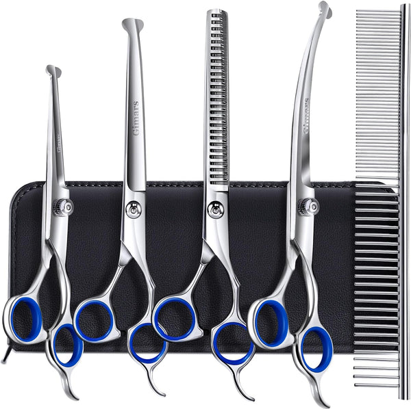 Gimars Titanium Coated Professional 6 in 1 4CR Stainless Steel Dog Grooming Scissors with Safety round Tip, Heavy Duty Pet Grooming Scissor for Dogs, Cats and Other Animals1