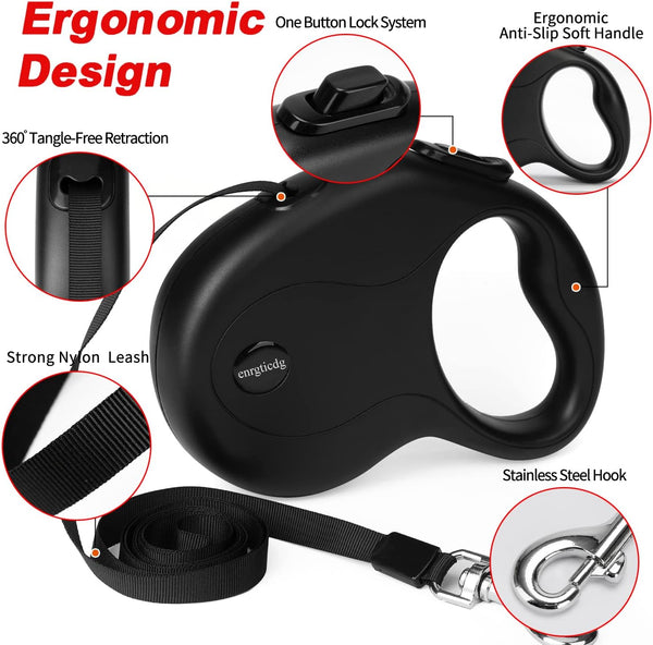 Enrgticdg 16Ft Retractable Dog Leash,Light Weight Leash for Small to Medium Dogs/Cats up to 50Lbs,Stainless Steel Spring Strong Nylon Tape, Tangle Free, One-Handed Brake.(Black)4