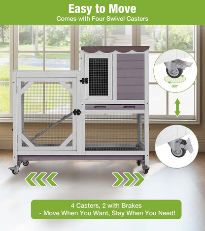 GUTINNEEN Wooden Duplex Rabbit Cage on Wheels with Chew-Proof Ramp, Grey | 4 Mobile Swivel Casters, 2-Story Design, Waterproof Rain Cover, 5 Access Doors, 2 Sliding Trays3