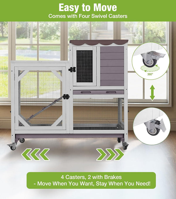 GUTINNEEN Wooden Duplex Rabbit Cage on Wheels with Chew-Proof Ramp, Grey | 4 Mobile Swivel Casters, 2-Story Design, Waterproof Rain Cover, 5 Access Doors, 2 Sliding Trays3