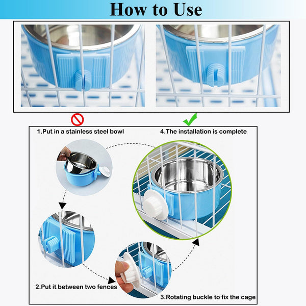 Mechpia 2 Pieces Crate Dog Bowl, Removable Stainless Steel Pet Kennel Hanging Food Water Feeder Bowl Cage Coop Cup for Puppy Medium Dog Cat Rabbit Ferret Bird (Blue,Green)5
