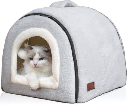 Cat Bed for Indoor Cats，Foldable Cat Cave，Anti-Slip & Water-Resistant Bottom，Cat Houses for Indoor Cats or Small Dogs, Kitten Tent, Rabbit Bed，2 in 1 Pet Bed (Grey)1