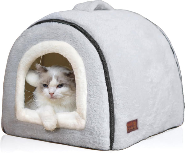 Cat Bed for Indoor Cats，Foldable Cat Cave，Anti-Slip & Water-Resistant Bottom，Cat Houses for Indoor Cats or Small Dogs, Kitten Tent, Rabbit Bed，2 in 1 Pet Bed (Grey)1