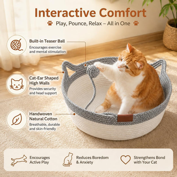 Large Scratchable Handwoven for Cats Stimulicat Handwoven Cat Basket, Cotton Rope Cat Bed round Pet Basket, Hand Woven Boho Cat Bed (Grey, without Cushion)5