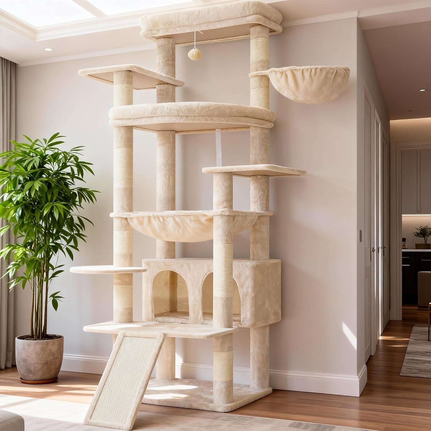 heybly-cat-tree-71-inch-tall-tower-for-indoor-cats-with-2-perches-hct034w-large-cat-furniture-with-2-big-condos-2-hammocks-basket-scratching-pad-multi-level-cat-condo-light-gray