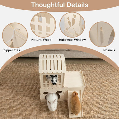 Extra Large Rabbit Castle, Wooden Bunny House &,Detachable Rabbit Hideaway, Indoor Hamster Castle with Ramp, Small Animal Houses & Habitats for Guinea Pig Chinchilla Ferret(3 House)3
