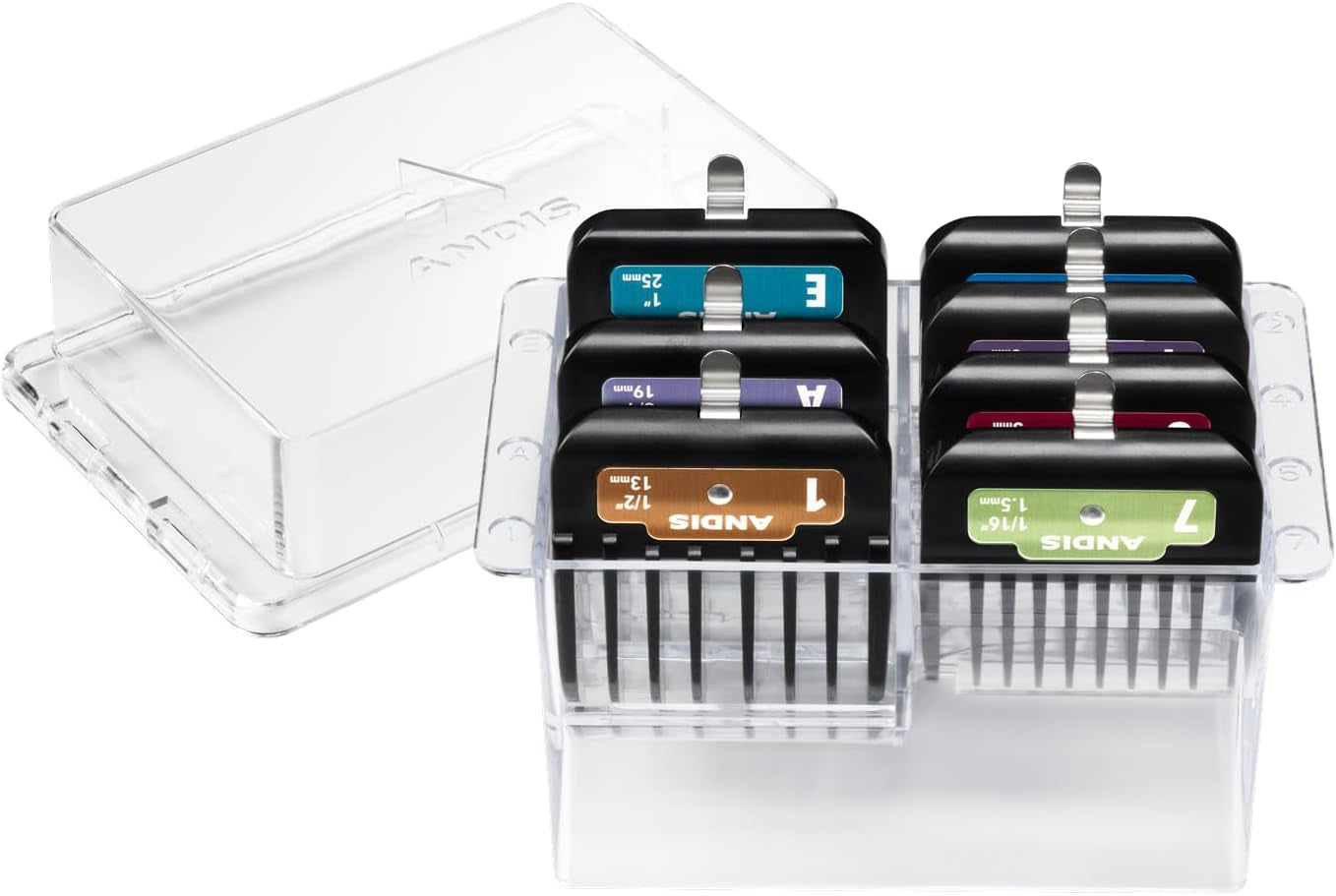 andis-562014-premium-clip-animal-comb-set-built-with-plastic-includes-7-color-coded-combs-of-different-sizes-metal-clip-to-attach-comb-fits-ultra-edge-ceramic-edge-blades-multicolor