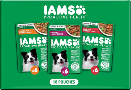 IAMS Proactive Health Wet Dog Food Pouches, Variety Pack, 3.5 Oz, 18 Count | Chicken, Beef & Lamb, Real Meat & Poultry, Omega 6 & 3 Ratio, No Artificial Preservatives or Fillers, Use as Topper or Meal1
