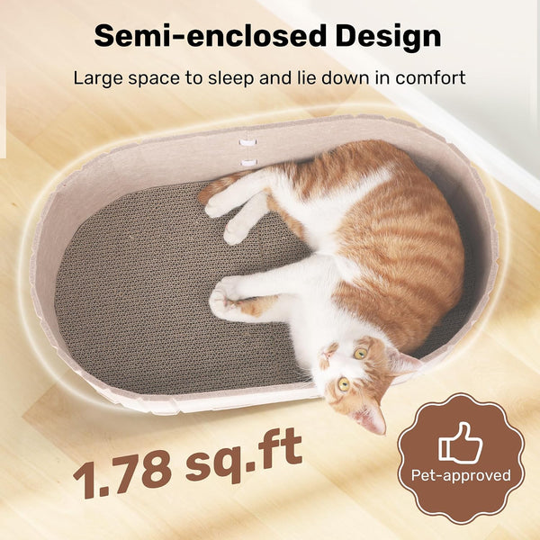FUKUMARU Cat Scratcher, 24 Inch Sofa Shape Cat Scratching Bed Couch Indoor | Oval Felt Cat Scratcher Bed with Reversible Detachable Cat Scratching Boards, round Cats Scratch Pads Refill, Beige2