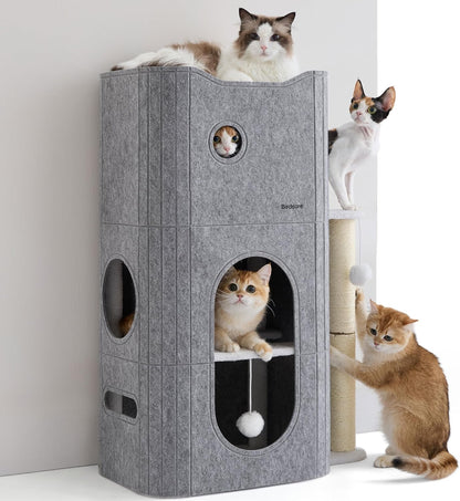 Bedsure Cat House Bed for Indoor Cats with Fluffy Ball and Scratch Pad,Grey | 16.5X16.5X13 In,Large Cat Cave for Multiple Pets,Foldable Cat Hideway Cube for Sleeping Kitten13