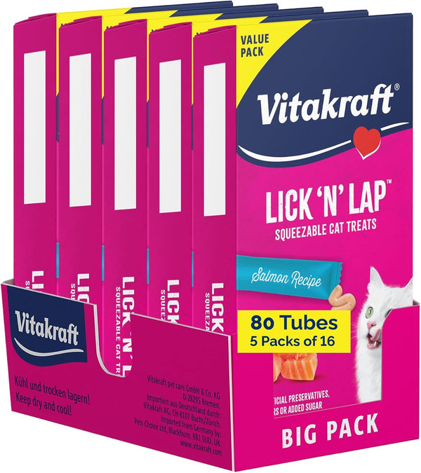 Vitakraft Lick 'N' Lap Real Salmon Squeezeable Liquid Cat Treats, Lickable, Salmon Broth #1 Ingredient, No Artificial Colors, Preservatives or Added Sugar, for Hydration, 0.52 Oz. Tubes, 16 Count15