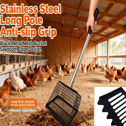 Chicken Poop Scooper & Rake 2-In-1, Adjustable 35"-65" Stainless Steel Handle, Heavy Duty Metal Black Shovel Head for Chicken Coop Cleaning, Pet Waste, Cat Litter Sifting6