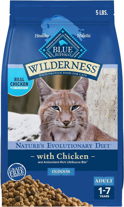 Blue Buffalo Wilderness Chicken Natural High-Protein Grain-Free Dry Food for Adult Indoor Cats, Real Chicken First, Antioxidant-Rich Lifesource Bits Support Immunity, Promotes Strong Muscles, 5 Lbs.1