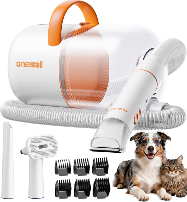 Oneisall Dog Grooming Vacuum - 15000Pa Suction, Captures 99% Pet Hair to Reduce Shedding, Dog Grooming Clippers & Quiet Brush (≤59Db) with 4 Accessories, 2L Dust Canister for Home Cleaning（Orange）1